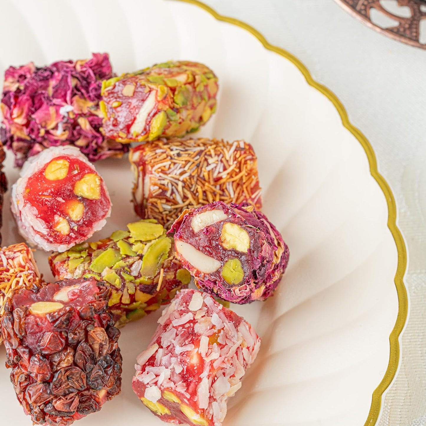 Zaitoune Turkish Delight Mix - 9 oz | Luxury Coatings of Pomegranate, Pistachio, Coconut, Kataifi & Rose | Authentic Lokum Sweet Assortment in a Beautiful Gift Tin | Handmade & Individually Wrapped