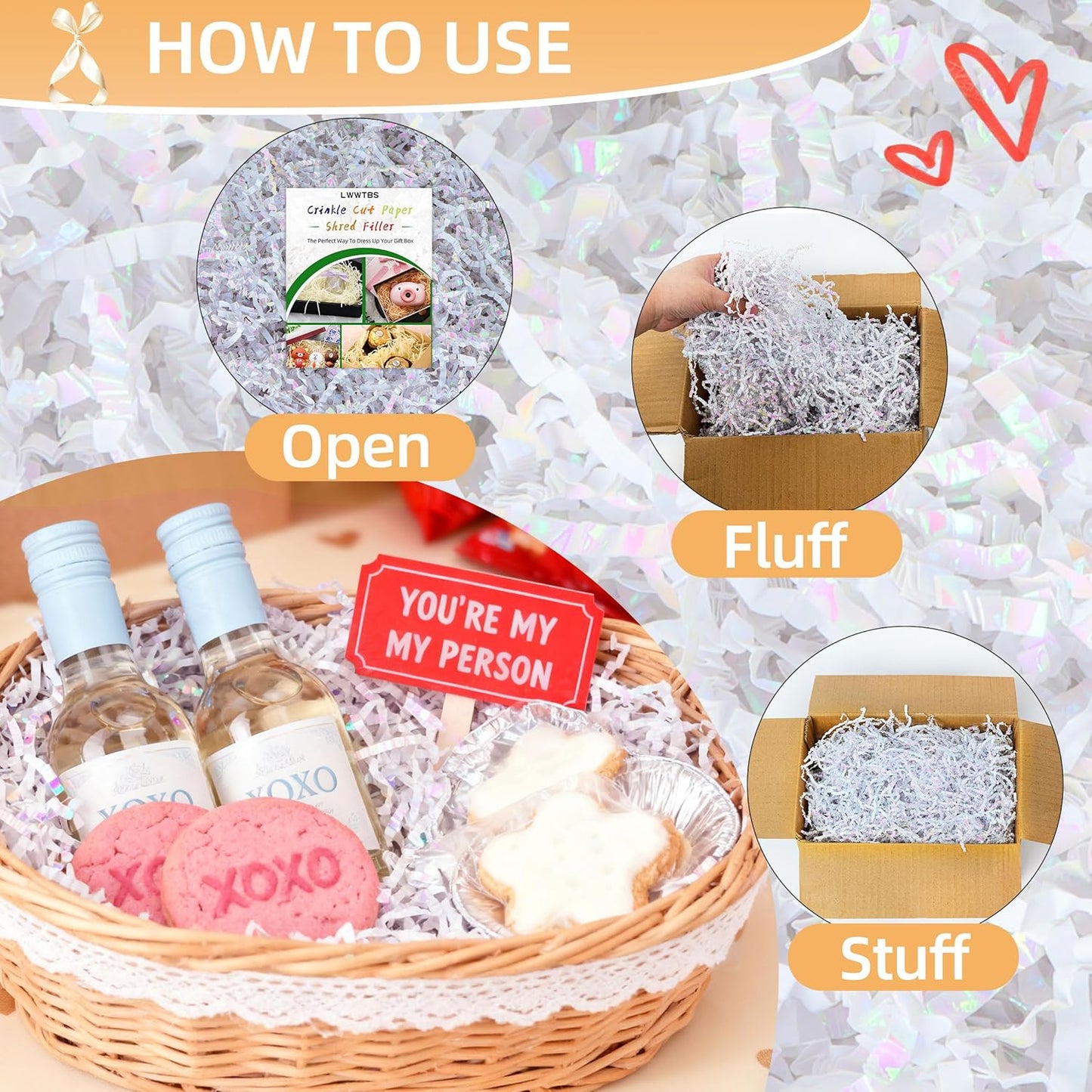 Crinkle Cut Paper 7oz Shredded Packing Grass Cushion Paper for Gift Baskets Christmas Wedding Birthday Bridesmaid Engagement Craft Gift boxes Bags Filler (Diamond White)