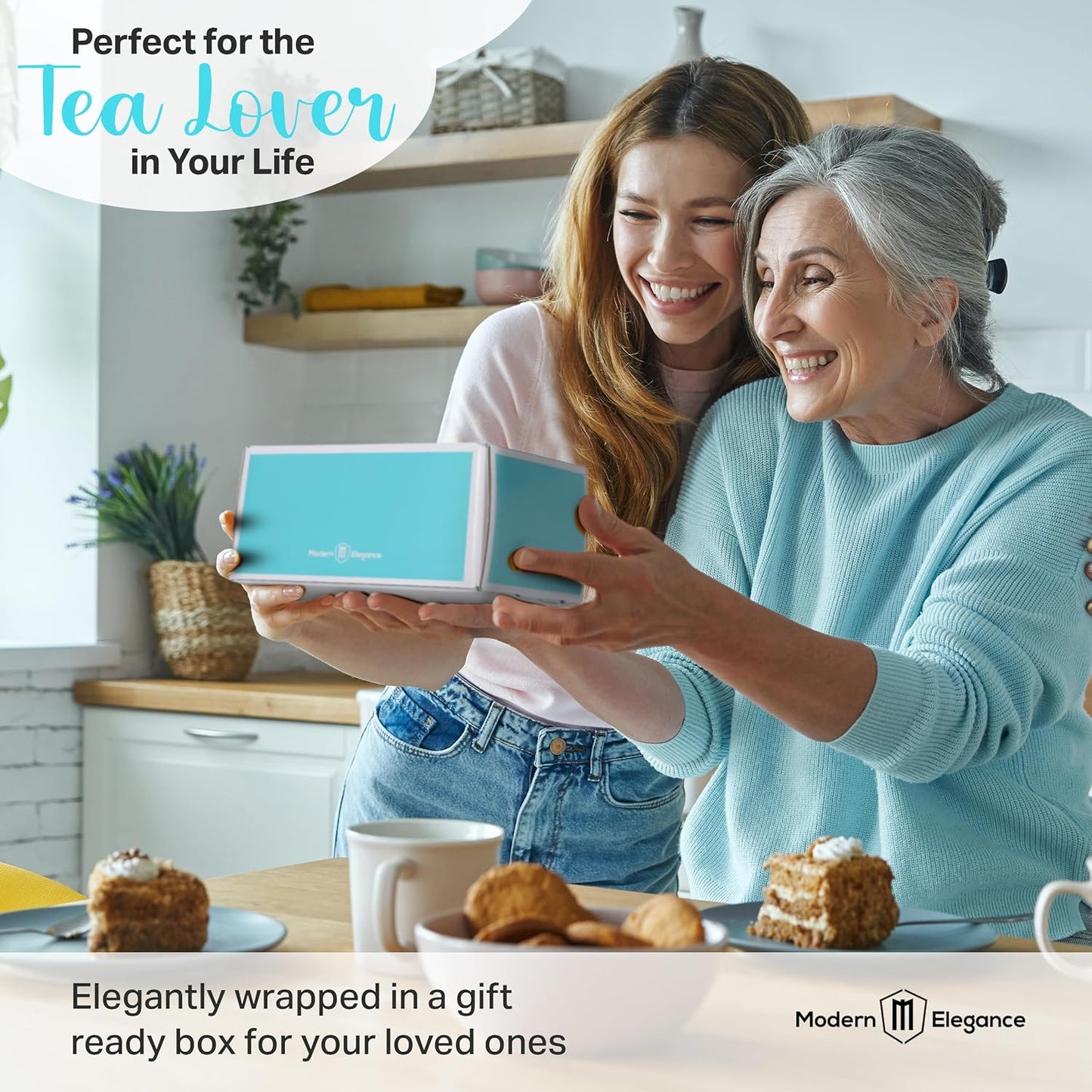 Birthday Gift Set with Stainless Tumbler, 15 Assorted Teas, 10 Honey Straws, Tea Tongs, Scented Candle and Greeting Card in Ready-to-Gift Box (Teal - Birthday Card)