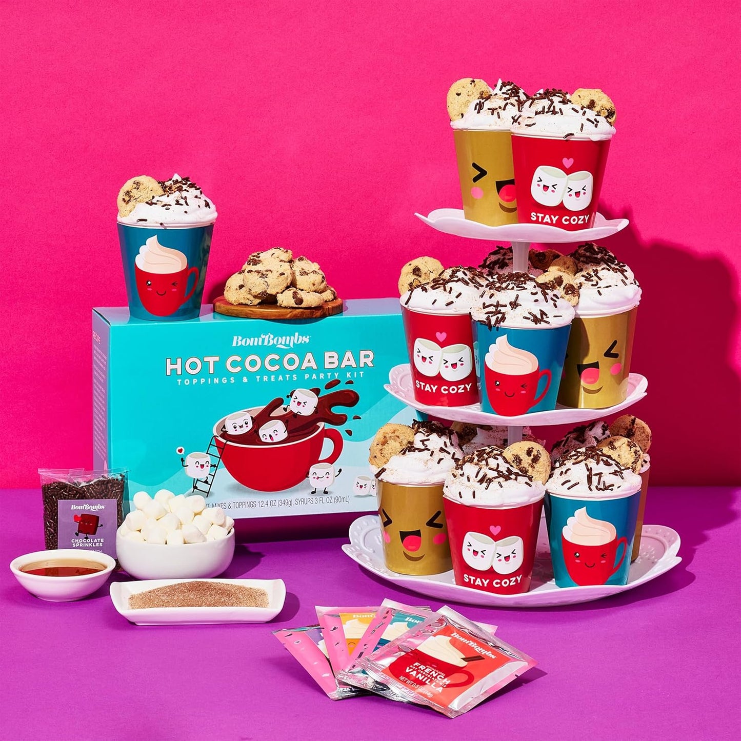 BomBombs, Mini Hot Cocoa Bar, Includes 12 Mini Servings of Gourmet Hot Chocolate Mix in 4 Fun Flavors with Toppings and Hot Cocoa Cups