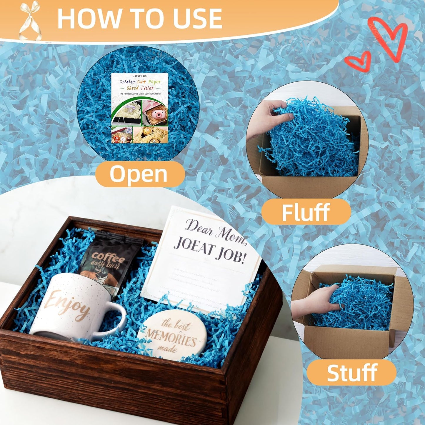 LWWTBS Crinkle Cut Paper 7oz Shredded Packing Grass Cushion Paper for Gift Baskets Christmas Wedding Birthday Bridesmaid Engagement Craft Gift boxes Bags Filler (Blue)