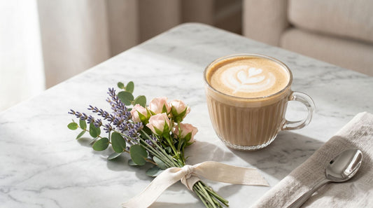 A high-angle minimalist photograph of a steaming lavender floral latte in a clear glass cup on a marble surface, surrounded by fresh spring flowers for a Mother's Day morning celebration.