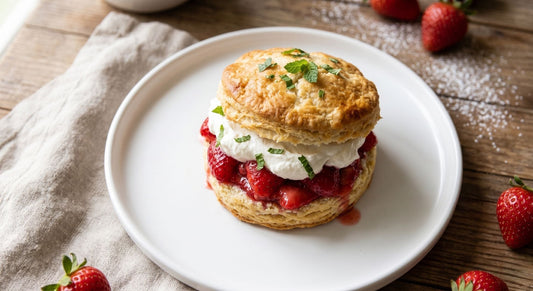 A top-down photograph of a finished, flaky strawberry shortcake on a white ceramic plate, surrounded by fresh strawberries and baking ingredients on a wooden table, featuring a rustic yet professional lifestyle style.