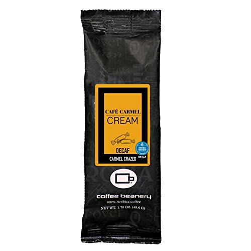 Coffee Beanery Caramel Vanilla Latte Flavored Coffee SWP Decaf, 1-1.75oz Try Me Size Coffee Sampler, Light-Medium Roast