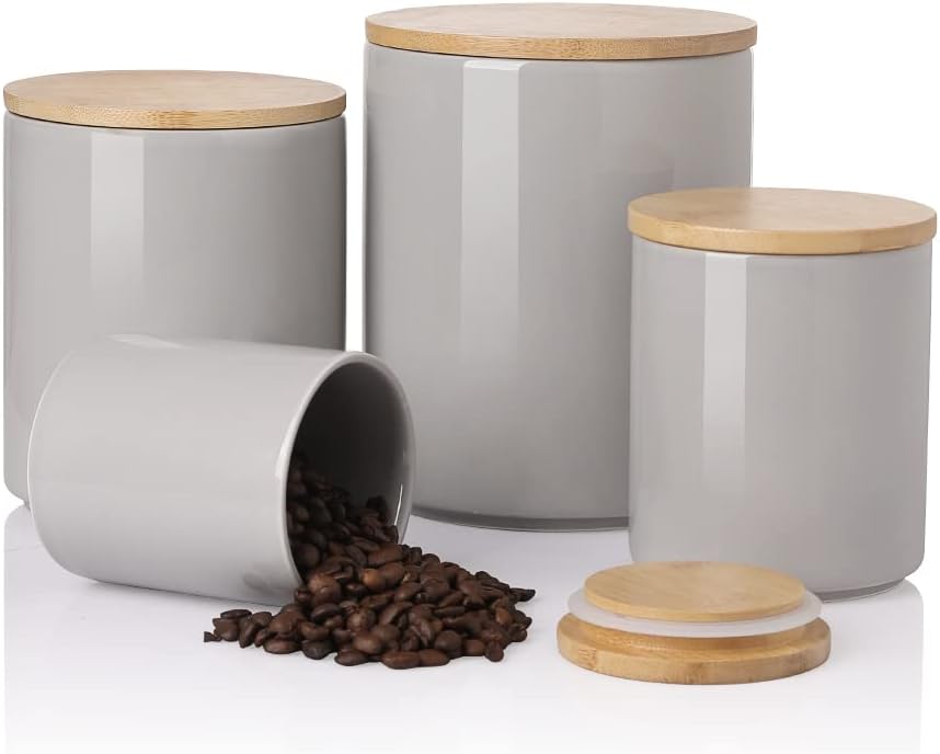 Sweejar Kitchen Canisters Ceramic Food Storage Jar Set, Stackable Containers with Airtight Seal Wooden Lid for Serving Ground Coffee, Tea, Herbs, Grains, Sugar, Salt - Set of 4 (Gray)