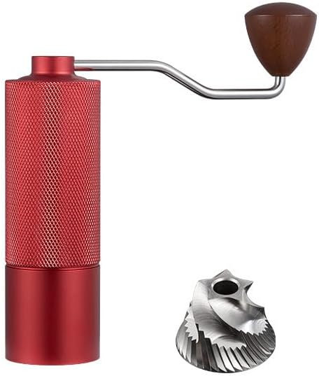 Premium Manual Coffee Grinder, Black Textured Body with Wooden Handle, Stainless Steel Burr, 17.5cm Height, 5cm Width (Red)