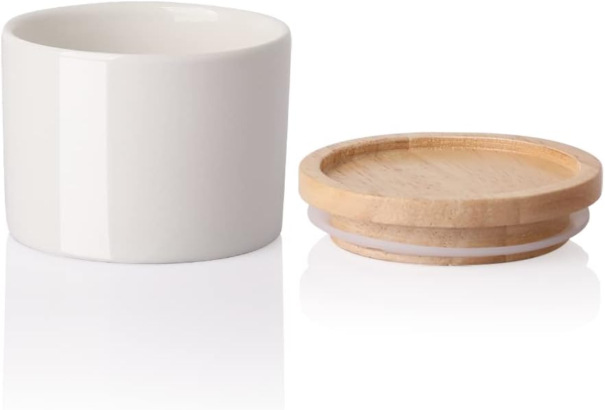 Sweejar 5 Oz Ceramic Salt Cellar with Lid, Stackable Spice Jars for Sugar, Flours, Candies, Liquid Seasonings, Modern Storage Container Coffee Keeper(White)