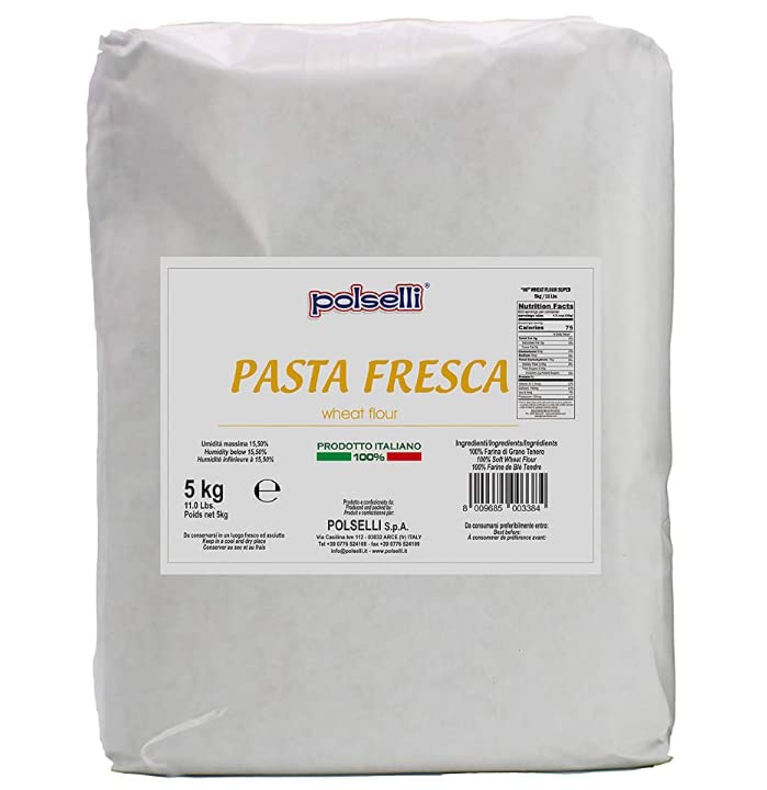 POLSELLI Fresh Pasta Flour, 100% Soft Wheat, 5 kg (11 lbs) Tipo 00, Bread Machine or Handmade Pasta for Bread, Gnocchi, Product of Italy