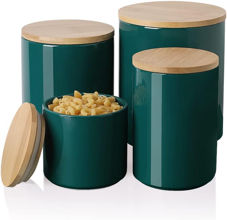 Sweejar Kitchen Canisters Ceramic Food Storage Jar Set, Stackable Containers with Airtight Seal Wooden Lid for Serving Ground Coffee, Tea, Herbs, Grains, Sugar, Salt - Set of 4 (Jade)