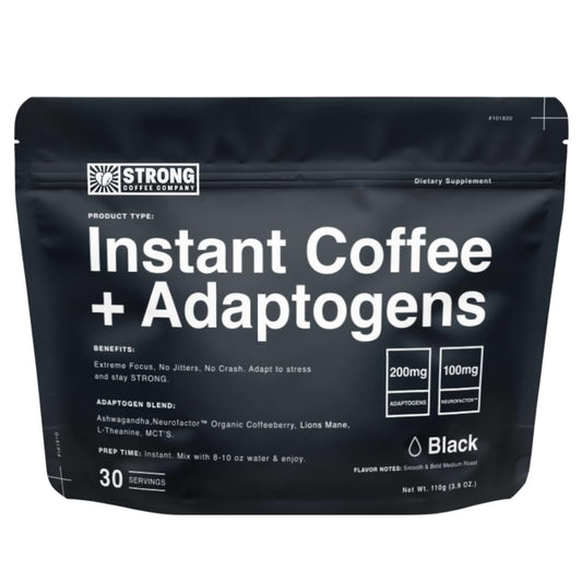 STRONG COFFEE COMPANY Organic Instant Black Coffee - Individual Servings, Extreme Focus, Adaptogen Coffee, No Jitters, No Crash (1, 30 Packets)