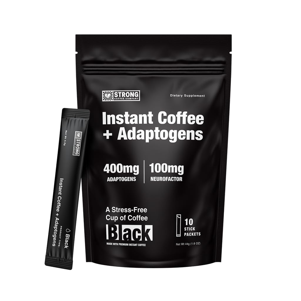 STRONG COFFEE COMPANY, ORGANIC INSTANT BLACK COFFEE – Individual Servings, Extreme Focus, Adaptogen with L-Theanine & Ashwagandha, No Jitters, No Crash (10 Packets)