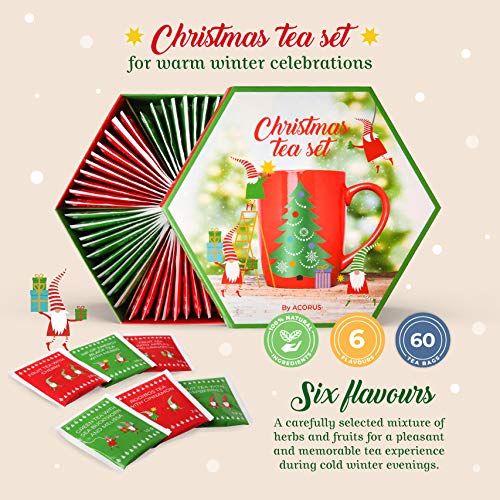 ACORUS Christmas Tea Set, Herbal Fruit Tea Gift Set, 60 Assorted Tea Bags Variety Pack, Herbal Tea and Fruit Tea Sampler, Specialty Tea Bags Individually Wrapped, Tea Gifts for Women, Men, Tea Lovers