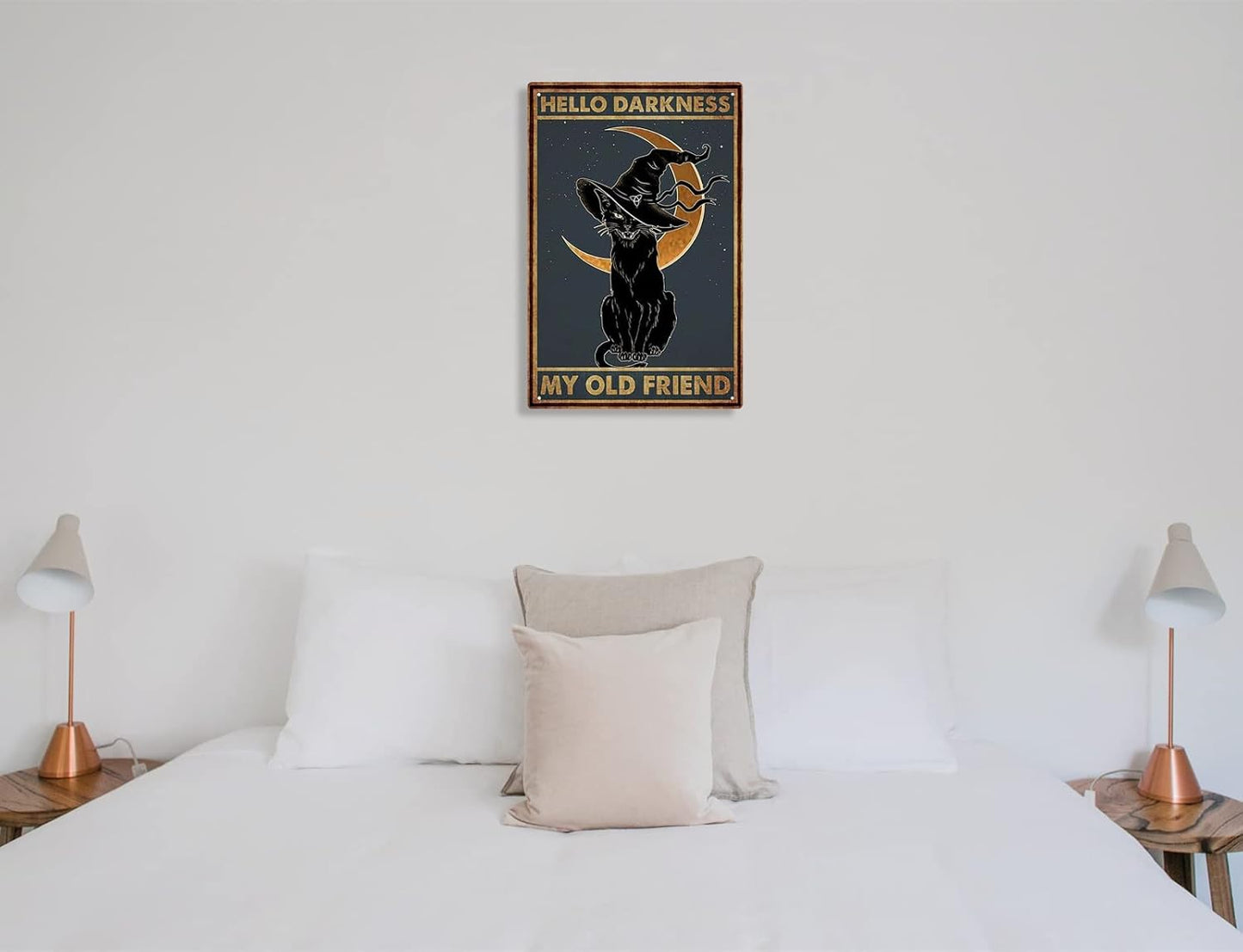 Black Cat Witch Halloween Hello Darkness My Old Friend Retro Tin Signs Vintage Wall Decoration Home Bar Kitchen Hotel Dining Room Coffee Metal Poster 8x12 Inch