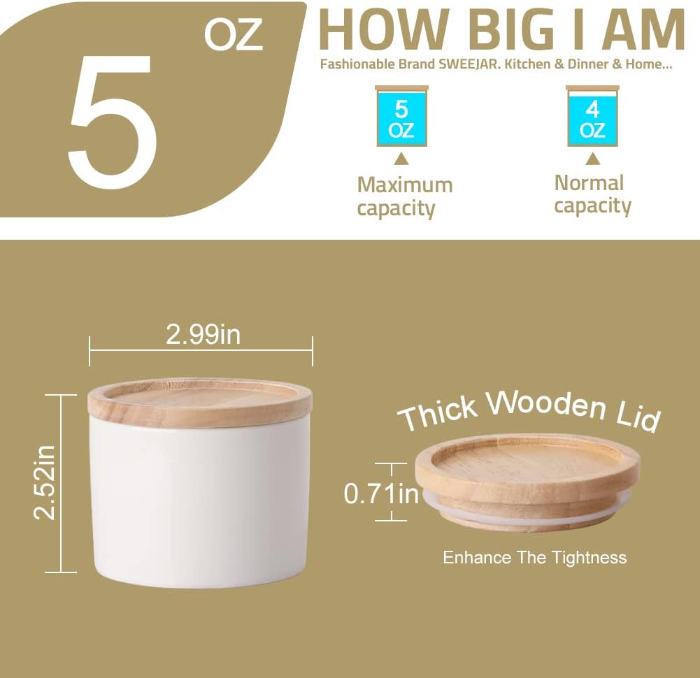 Sweejar 5 Oz Ceramic Salt Cellar with Lid, Stackable Spice Jars for Sugar, Flours, Candies, Liquid Seasonings, Modern Storage Container Coffee Keeper(White)