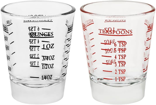 Set of 2 Shot Glasses - Heavy Glass, Perfect for Measuring Espresso, Wine, and More 26-Incremental Measurement 1oz, 6 Tsp, 2 Tbs, 30ml (2, Red+Black)