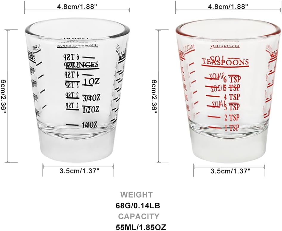 Set of 4 Shot Glasses - Heavy Glass, Perfect for Measuring Espresso, Wine, and More 26-Incremental Measurement 1oz, 6 Tsp, 2 Tbs, 30ml (4, Red+Black)
