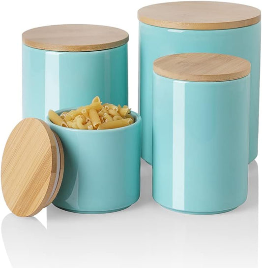 Sweejar Kitchen Canisters Ceramic Food Storage Jar Set, Stackable Containers with Airtight Seal Wooden Lid for Serving Ground Coffee, Tea, Herbs, Grains, Sugar, Salt - Set of 4 (Turquoise)