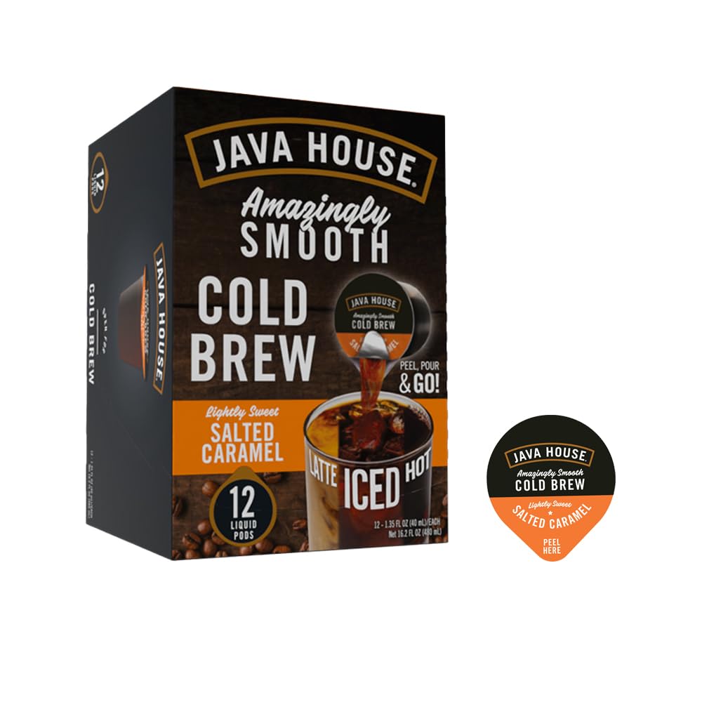 Java House Single-Serve Cold Brew Coffee Pods – Lightly Sweetened Salted Caramel – 100% Arabica – 12 Pods – Shelf Stable, Ready Hot or Iced, Travel-Friendly, TSA Approved