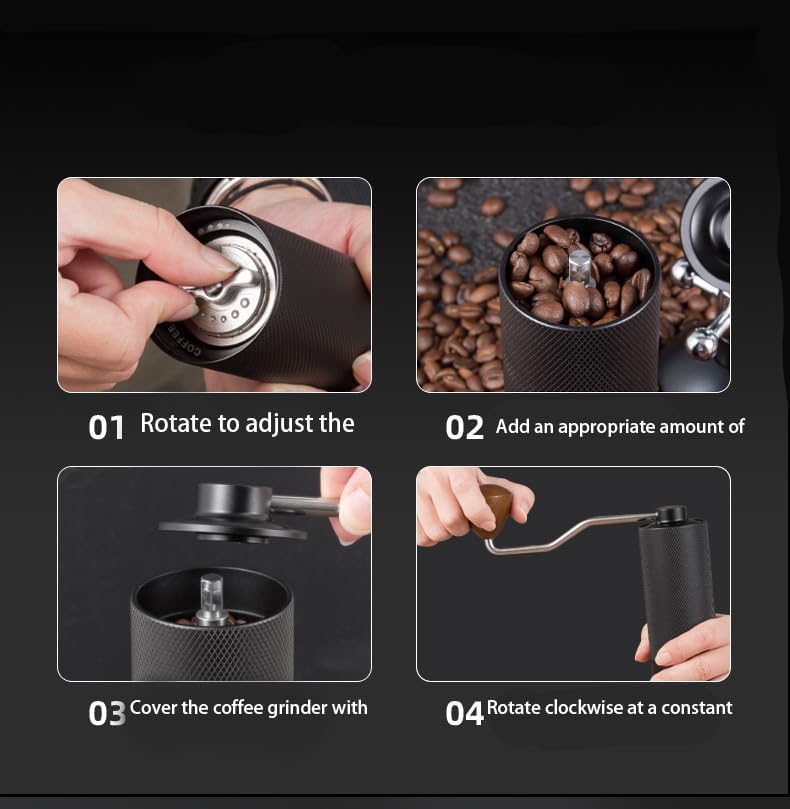 Premium Manual Coffee Grinder, Black Textured Body with Wooden Handle, Stainless Steel Burr, 17.5cm Height, 5cm Width (Red)