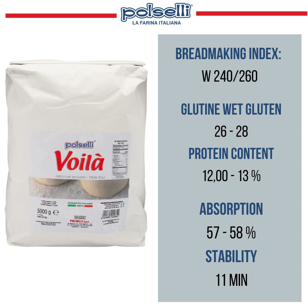 Voila, Table and Dusting Flour, Soft Wheat, Pizza, Baking, Pasta, Italy, Spolvero, All Natural, Non GMO, Not Bleached(5 kg) 11 lbs Polselli