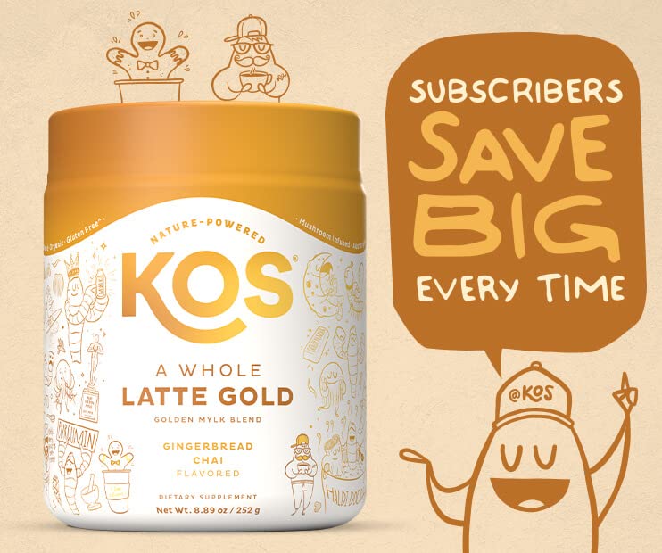 KOS Golden Mylk with Tumeric and Ginger, Organic Superfood Latte Powder, Adaptogen Mushroom Blend - Coffee Creamer, Dessert & Smoothie - Caffeine Free, Vegan, Dairy-Free, Gingerbread Chai, 28 Servings
