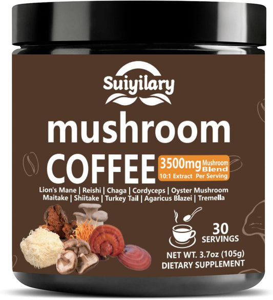 10 Mushroom Coffee with Arabica w, Lion's Mane, Reishi, Mushroom Polysaccharides & More, 3500mg(10:1) Extract Instant Mushrooms Powder for Focus, Immunity Boost, Memory & Clarity - 30 Servings