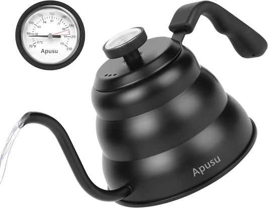 Pour Over Kettle for Manual Drip Coffee and Tea with Thermometer 28oz Gooseneck Kettle with Flow Control Stainless Steel Water Kettle for Stovetop,800ml,4 Cup,Black,1Pack