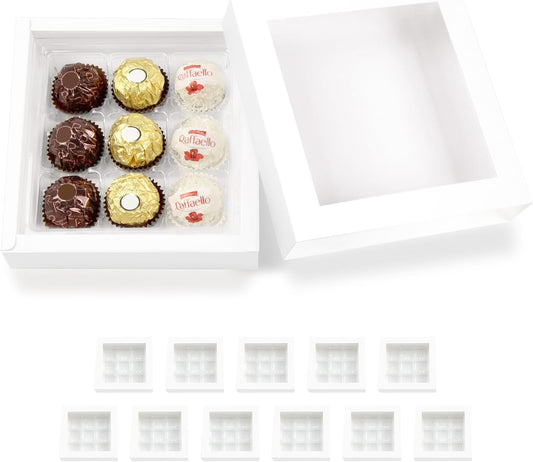 BAKIPACK 12 Truffle Boxes, Chocolates Box, White Truffle Gift Packaging with 9-Piece Plastics Tray