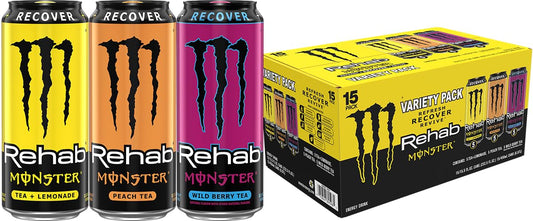 Monster Energy Rehab Tea + Lemonade, Peach, Wild Berry, Variety Pack, Energy Iced Tea,15.5 Ounce (Pack of 15)