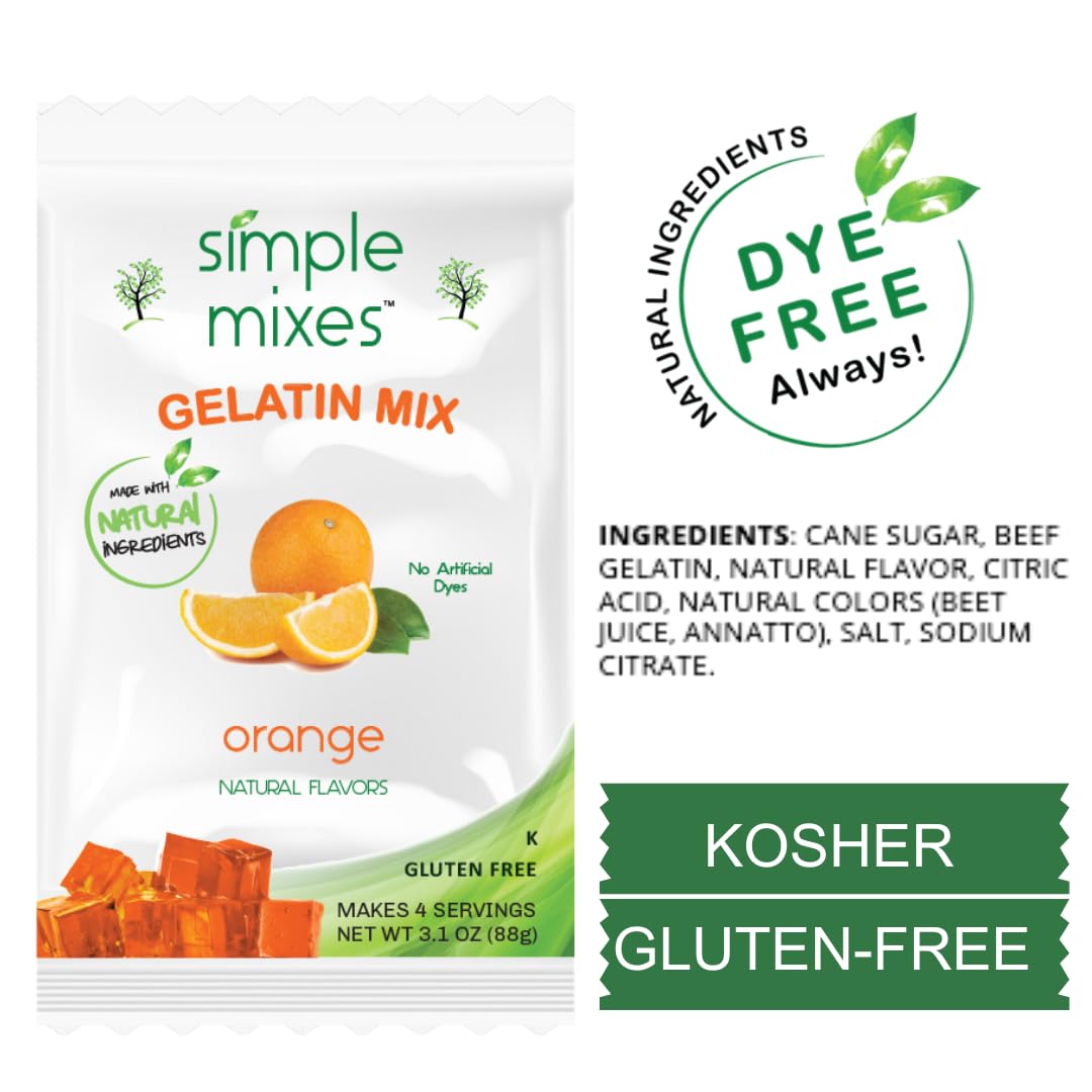 Simple Mixes Natural Gelatin Dessert, Variety Pack, Strawberry, Orange, & Lime, Healthy Snack, Dye-Free, No Gluten or Fat, Kosher, 3 Pack