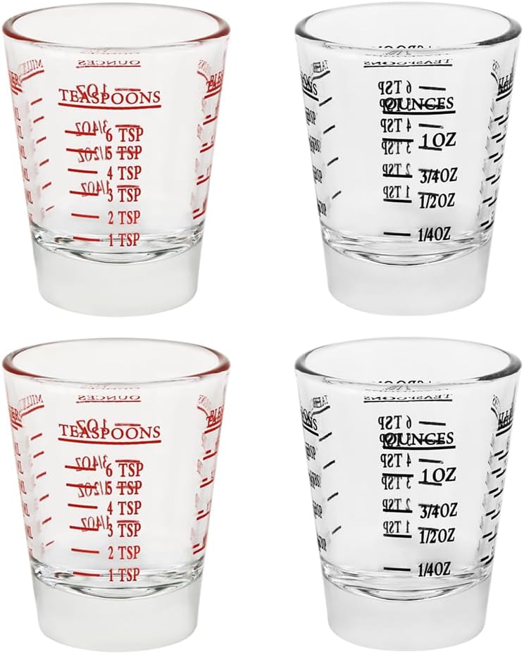 Set of 4 Shot Glasses - Heavy Glass, Perfect for Measuring Espresso, Wine, and More 26-Incremental Measurement 1oz, 6 Tsp, 2 Tbs, 30ml (4, Red+Black)