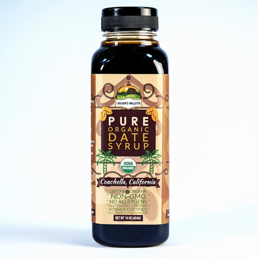Coachella California Pure Organic Date Syrup By Julian's Valleys, 16 Ounce Squeeze Flip Cap, Gluten-free, Vegan, GMO-Free, Kosher