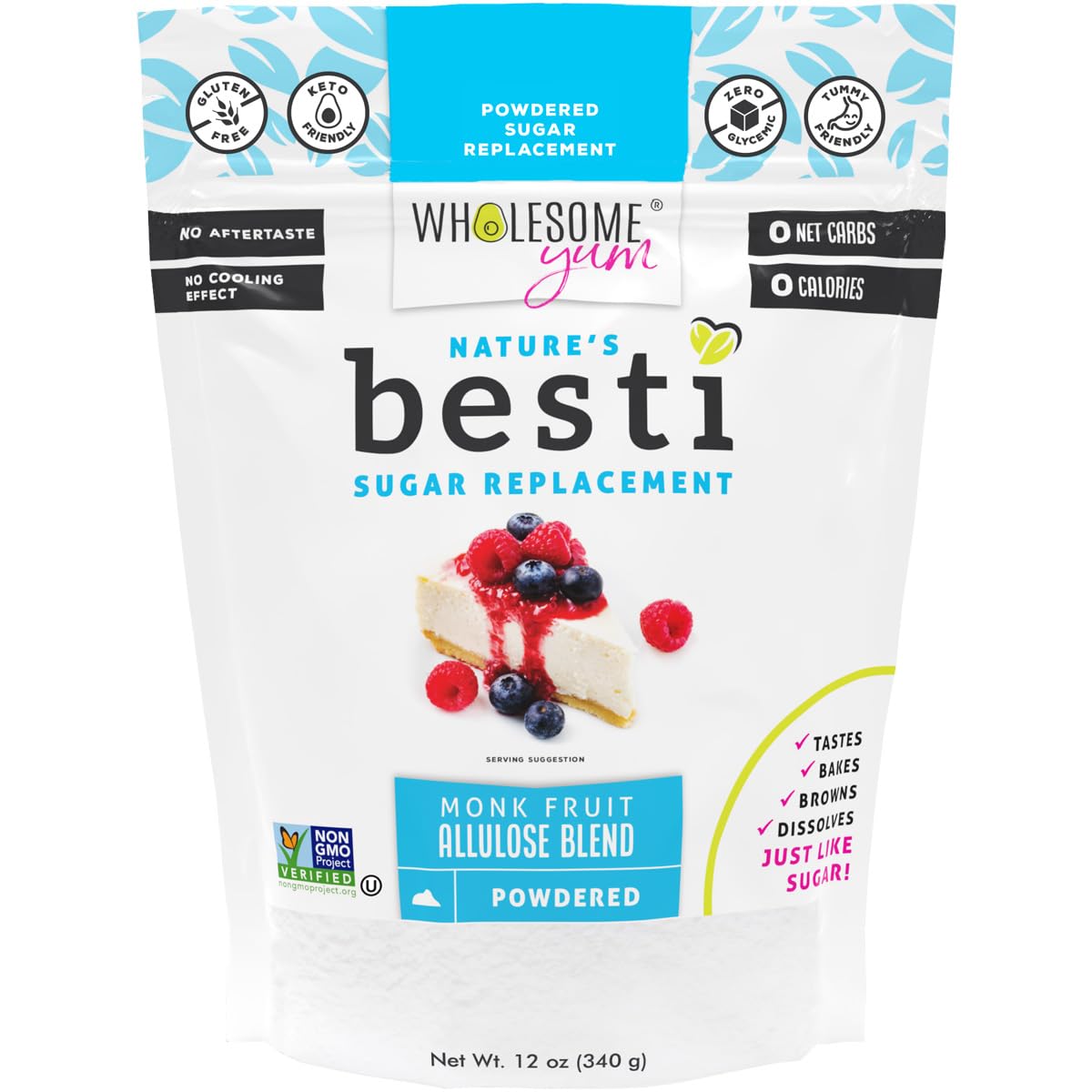 Wholesome Yum Besti Natural Powdered Sugar Substitute - Keto Confectioners Monk Fruit Sweetener Blend With Allulose (No Erythritol) - Non GMO, Zero Carb, Zero Calorie, No Aftertaste (12 oz)