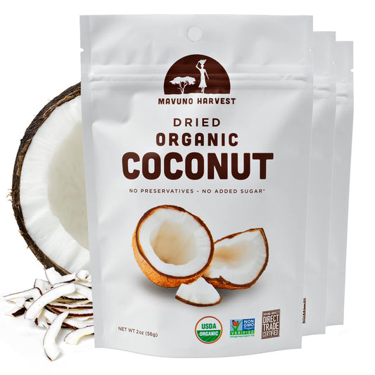 Mavuno Harvest Coconut Chips Dried Fruit Snack | Unsweetened Organic Dried Coconut Strips | Gluten Free Snack | Healthy Snacks for Kids and Adults | Vegan, Non GMO, Direct Trade | 2 Ounce, Pack of 3