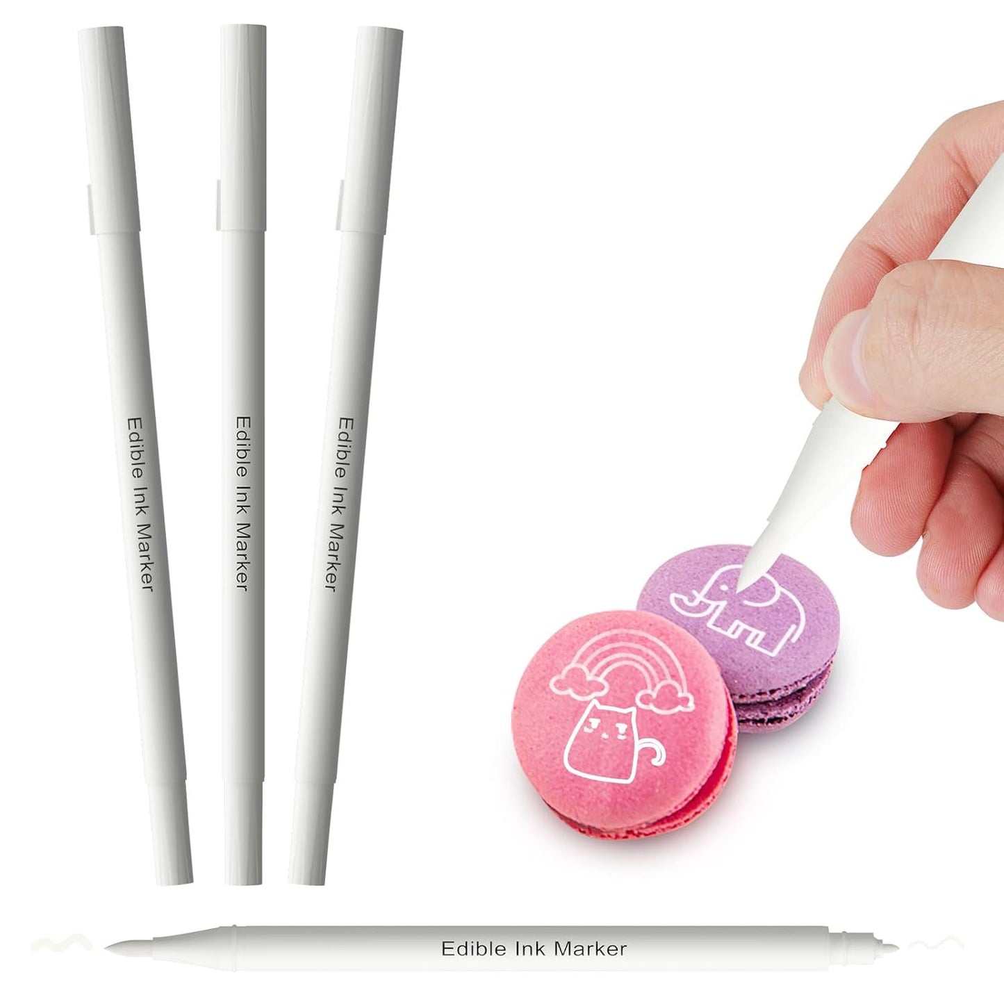 3pcs White Edible Markers for Cookie Decorating, Food Coloring Pens, Double Side Food Grade Pens with Fine & Thick Tip for Decorating Fondant, Cakes, Cookies, Easter Eggs, Frosting, Macaron, Halloween, Christmas
