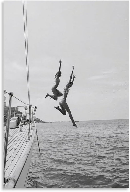 Trendy Wall Art Black And White Beach Poster Summer Ocean Jump Sail Boat Yacht Canvas Printing Art Poster, Diving Lovers Gifts, Home Wall Decoration 16x24inch(40x60cm)