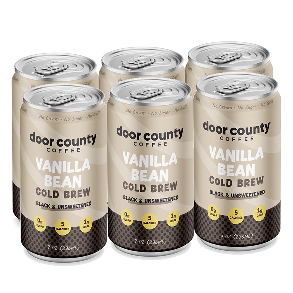 Door County Coffee Vanilla Bean Ready to Drink Canned Cold Brew - 8oz - 6 Pack - Cold Pressed Coffee, 5 Calories, Bold & Rich, Flavorful, 145mg Natural Caffeine