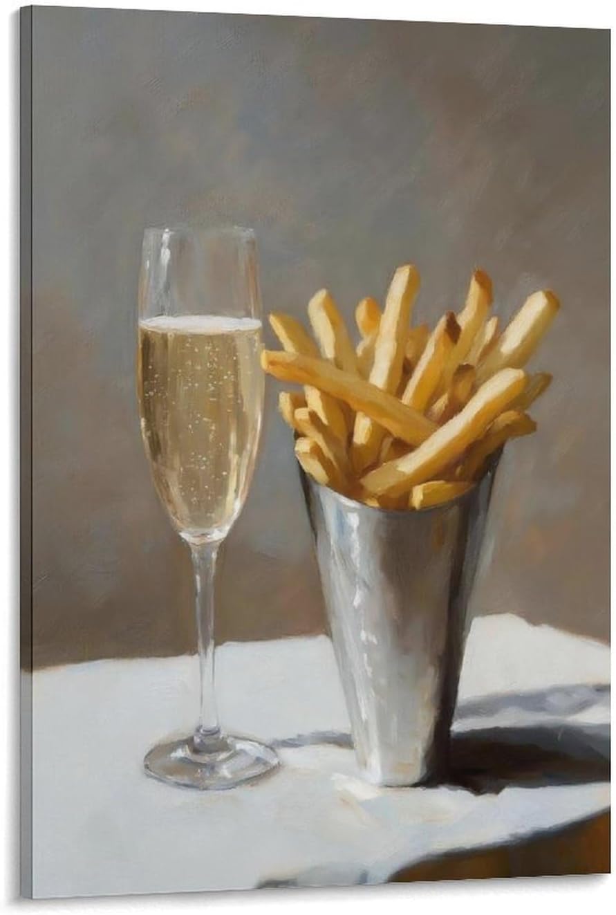 Pomme Frites And Champagne Bar Cart Canvas Printing Painting Poster Cute Quirky Whimsical Cocktail Art Bar Cart Decor French Fries Trendy Home Wall Art Decoration 08x12inch(20x30cm)
