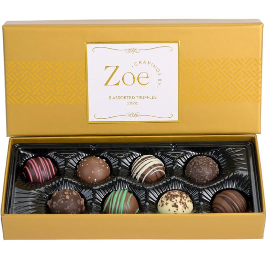 CRAVINGS BY ZOE Gourmet Chocolate Truffle Gift Box | 8 Count | Assorted Gourmet Milk & Dark Chocolate Candy Food Gift Basket Anniversary, Birthday, Get Well, Holiday, Thank You Men Women Mom Her