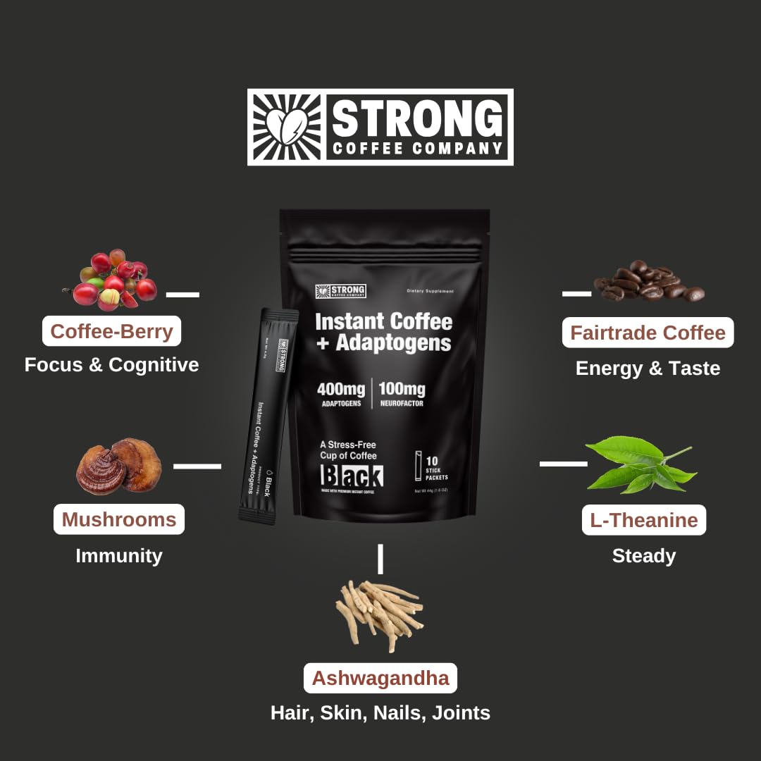 STRONG COFFEE COMPANY, ORGANIC INSTANT BLACK COFFEE – Individual Servings, Extreme Focus, Adaptogen with L-Theanine & Ashwagandha, No Jitters, No Crash (10 Packets)