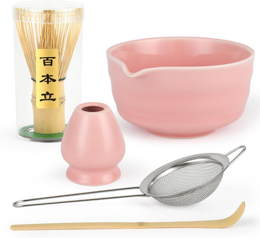 Pink Matcha Whisk Set - Ceramic Matcha Making Kit with Bamboo Whisk, Scoop, Bowl, Ceramic Holder & Sifter –5 PCS Handcrafted Elegant Japanese Tea Ceremony Tools Gift for Matcha Lovers