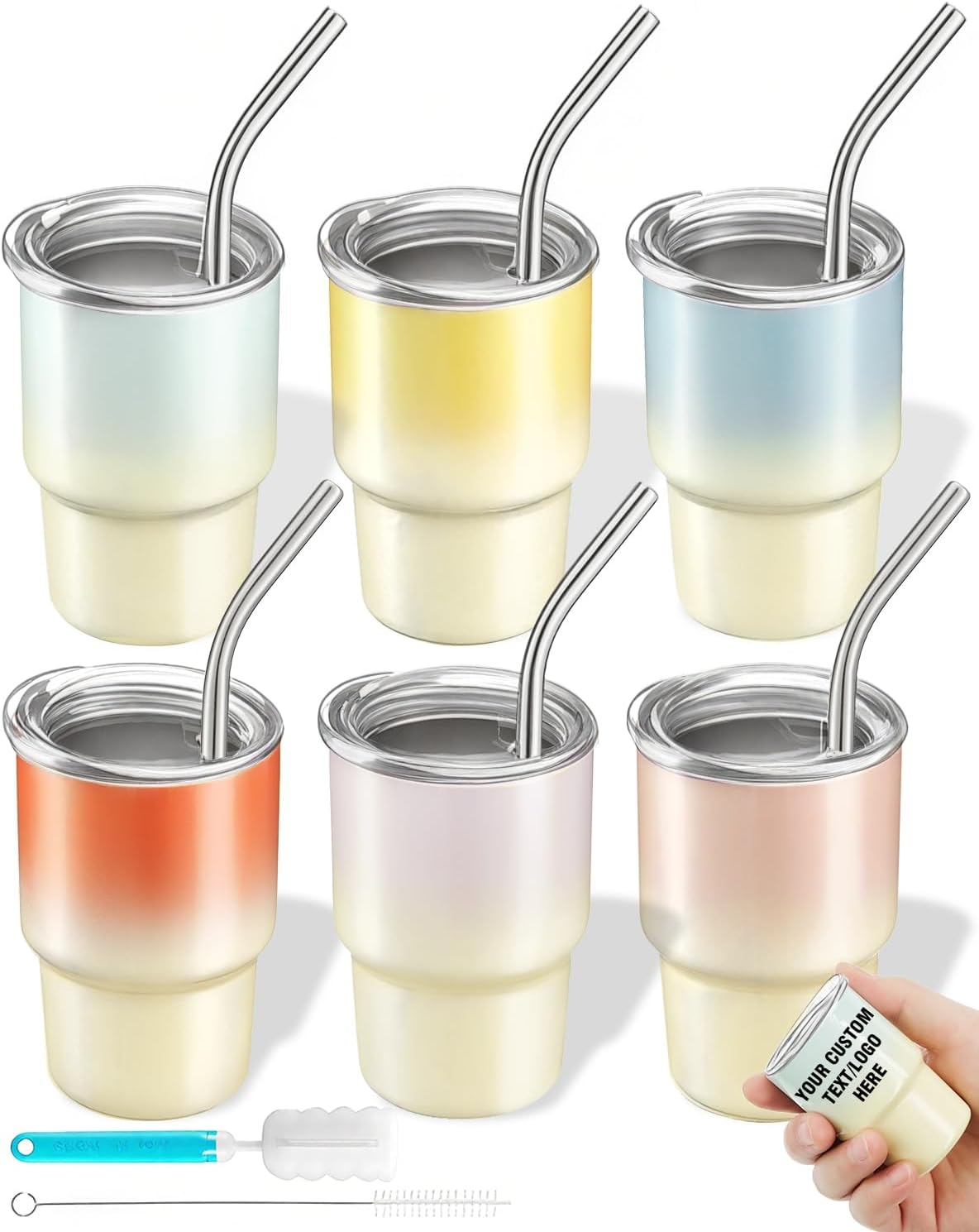 6 Pack 3 oz Sublimation Mini Tumbler Shot Glass with Straw and Lid, Gradient Color Insulated Stainless Steel Mini Tumblers Cups for Beach Birthday Wedding Parties, DIY Customizable Party Gift