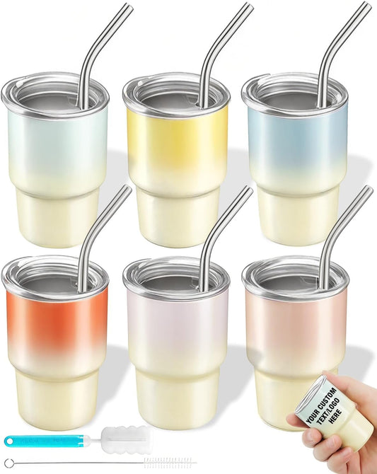 6 Pack 3 oz Sublimation Mini Tumbler Shot Glass with Straw and Lid, Gradient Color Insulated Stainless Steel Mini Tumblers Cups for Beach Birthday Wedding Parties, DIY Customizable Party Gift