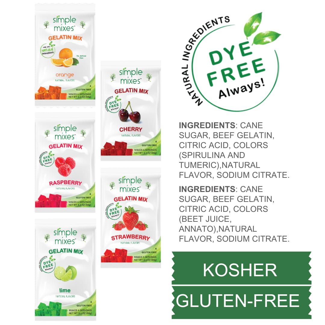 Simple Mixes Natural Gelatin Dessert, Variety Pack, Strawberry, Orange, Cherry, Raspberry & Lime, Healthy Snack, Dye-Free, No Gluten or Fat, Kosher, 5 Pack