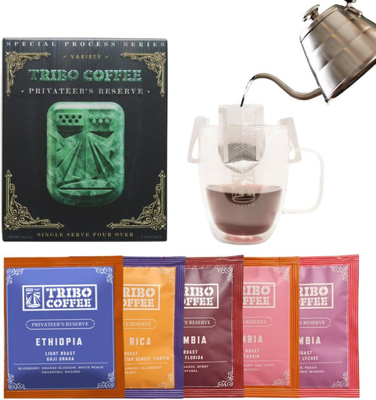 Tribo Coffee Single-Serve Portable Pour Over Drip Coffee - Privateer's Reserve Variety - 5 Servings (Light - Medium Roast)