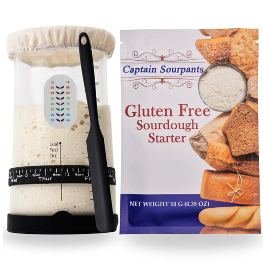 Complete Gluten Free Sourdough Starter Kit: Gluten Free 100+ Year Old Dehydrated Sourdough Starter, Sourdough Jar, Feeding Band, Cloth Cover, Spatula & Thermometer - Beginner Friendly Sourdough Kit