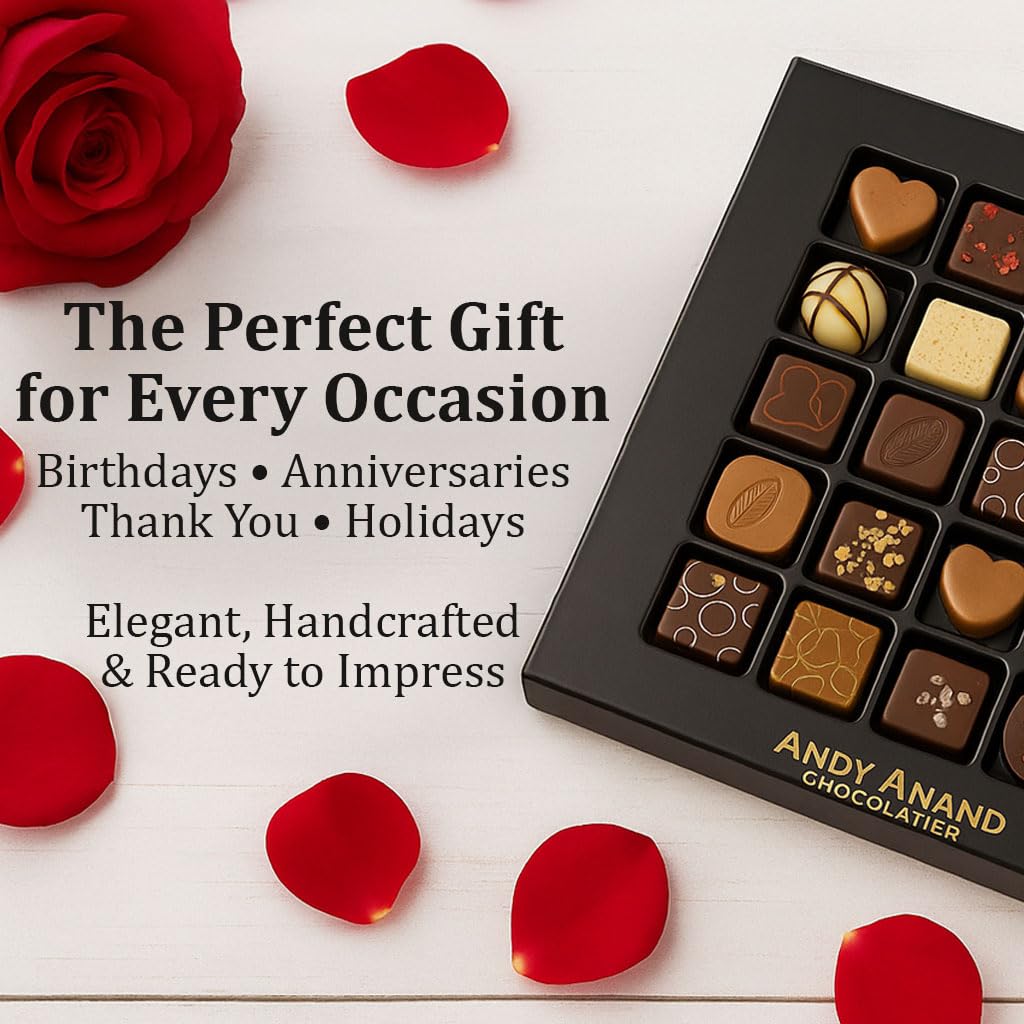 Andy Anand Chocolatier Belgian Chocolate Truffles Gift Box Handcrafted Gluten Free Gourmet Chocolate European Imported Chocolate Truffles Perfect as Chocolate Gifts For Women (25 Pcs,7.8 Oz)