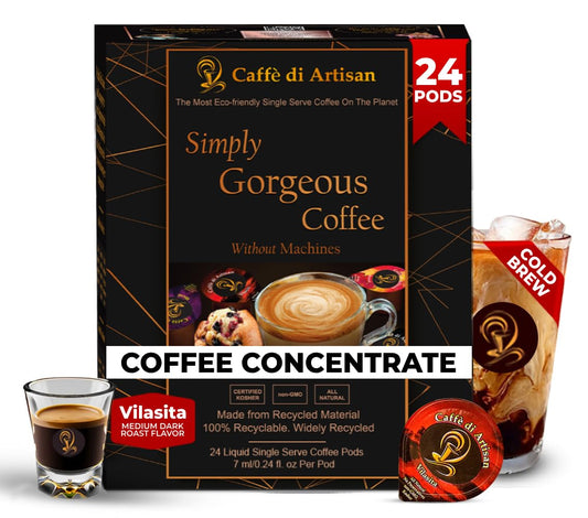 Caffè di Artisan Liquid Coffee Pods – Premium Single-Serve Coffee for Cold Brew concentrate, Iced Coffee & Hot Coffees – Machine-Free, Eco-Friendly, Ready in Seconds. Rich; Vilasita; Arabica; Medium Dark Roast – 24 Count..