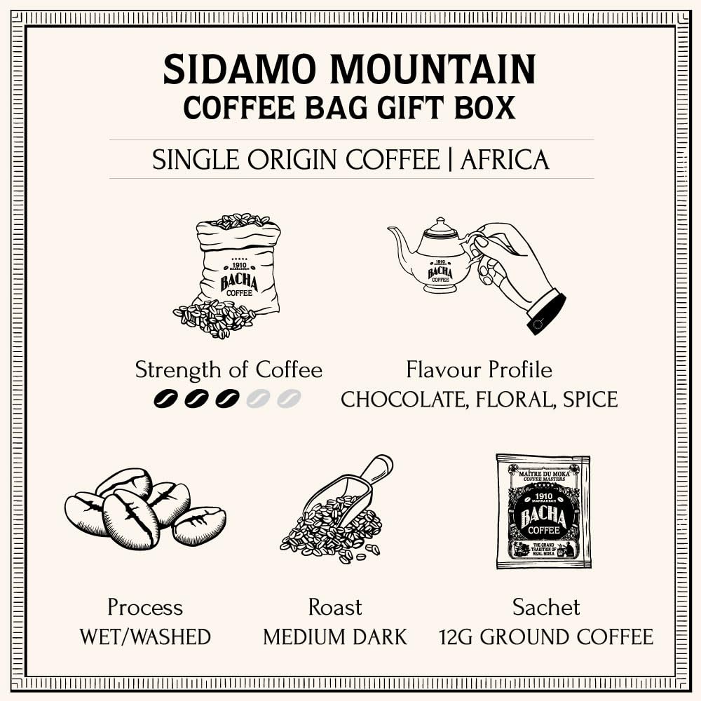 Bacha Coffee | Sidamo Mountain Ethiopia Single Origin, Medium Dark Roast, 100% Arabica Specialty Coffee, 12 Coffee Drip Bags, Gift Box