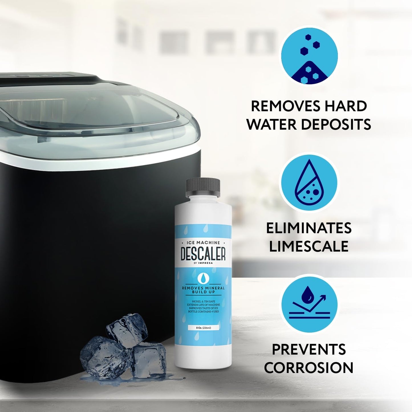 IMPRESA Ice Maker Cleaner & Descaler - 8 Fl Oz Bottle (4 Uses) - Universal Ice Machine Cleaner for Commercial & Residential Models - Compatible with Scotsman, Manitowoc & Other Brands